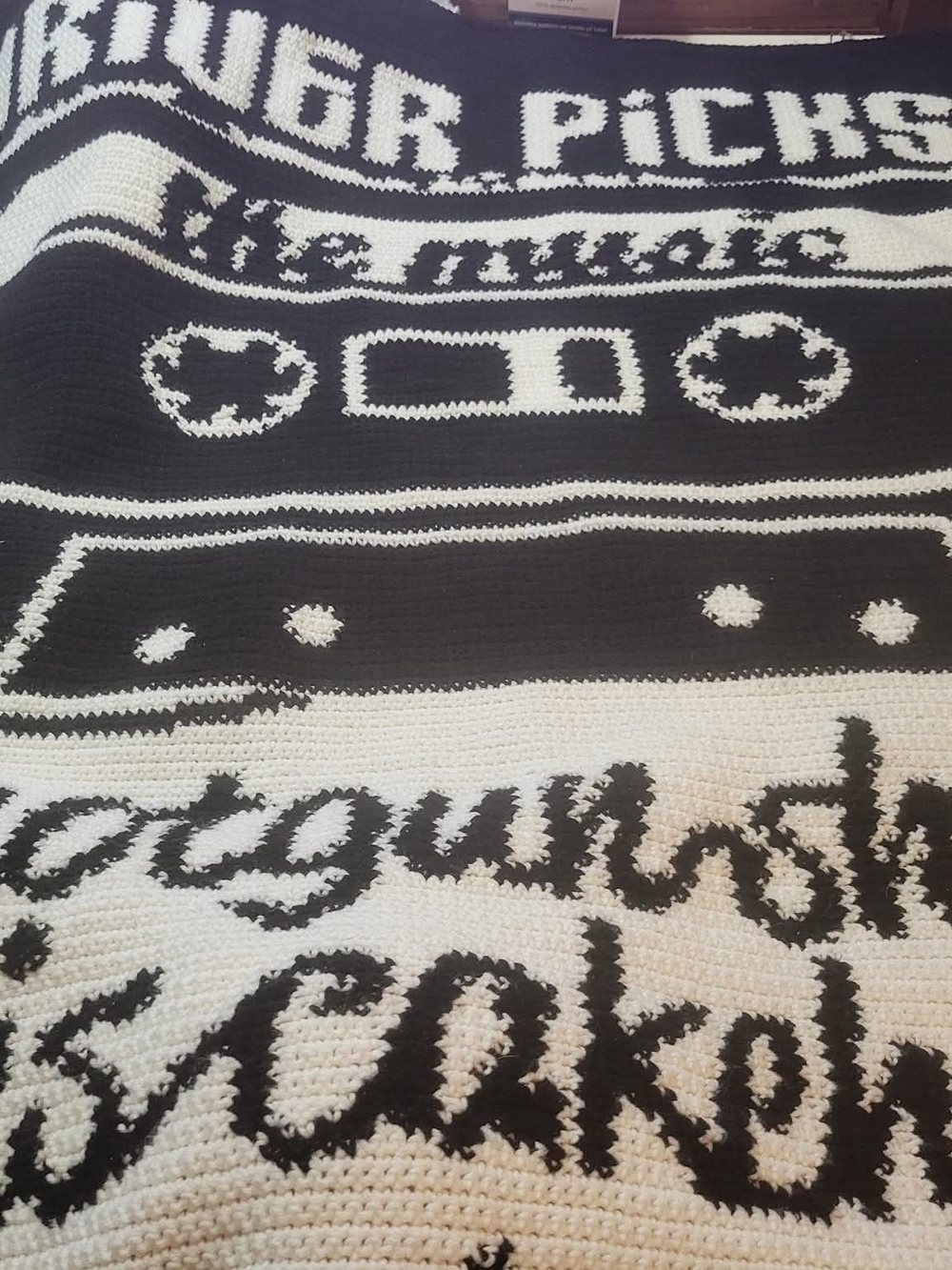 Black & White Knit Blanket with Cassette Motif